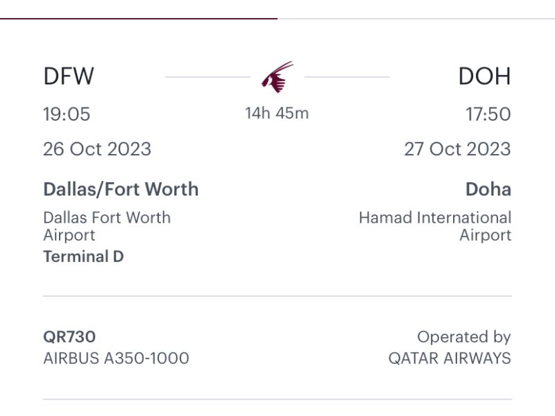 Dallas to Bangalore on 26th Oct - Qatar Airways